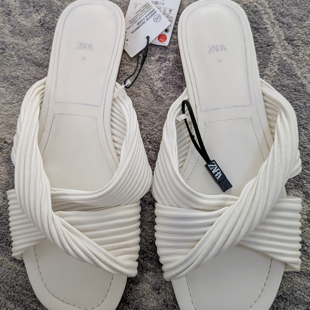 Zara white pleated strap slip-on sandals.